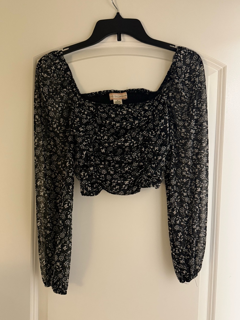 BOG Collective Black Floral Square-Neck Long-Sleeve Crop Blouse